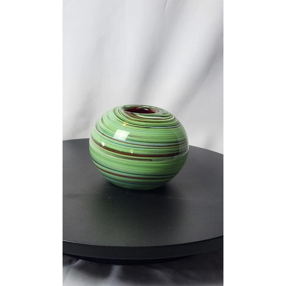 VINTAGE GLASS VASE GREEN, AVENTURINE GOLD SWIRLS With RED LINING By Dept. 56
